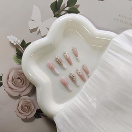 24 Pcs French Tip Press on Nails Long Coffin Fake Nails with Glue Spring Summer False Nails with Flower Designs Acrylic Nails Matte Glue on Nails Artificial Stick on Nails for Women