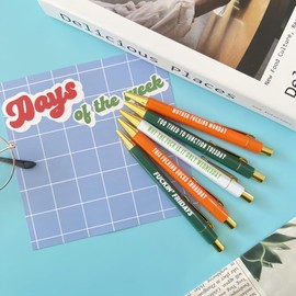 Jxueych 5 Pcs Funny Pens with Paper, Assorted Colors Retractable Ballpoint Pen, Black Ink 1.0 Mm Medium Point Quick Drying for Writing Drawing Journaling Note Taking (Days of the Week)