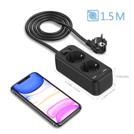 JSVER JSVER Steckdosenleiste USB mit 2 Fach, Mehrfachsteckdose Verteilersteckdose 2 USB Anschluss mit Schalter Verl?ngerungskabel Steckdosenadapter fr Bro, Reisen, 1.5m Kabel - Schwarz