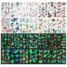 XINDY Temporary Tattoos for Kids, 150+pcs Mixed Style Glow In The Dark Tattoos, Luminous Unicorn Mermaid Butterfly Fairy Animal Dinosaur Pirate Car Space Fake Tattoo for Boys Girls Party Favors Gift