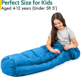 Trail Kids Sleeping Bag Mummy Shape 3 Season Camping 300gsm Boys Girls with Lightweight Rucksack Bag (Blue)