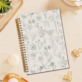 TWRVI Vintage Boho Floral Spiral Notebook, Aesthetic Botanical Line Flower College Ruled Notebook Journal for School Office Supplies, Green Wildflower Journaling Notebooks 5.5"X8.3" 164 Pages