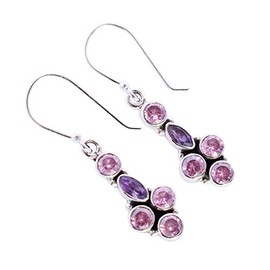 Amethyst rosa Quarz-Ohrringe, 4 mm, rund, 5 x 3 mm, Marquiseschliff, facettiert, 925er-Sterlingsilber, baumelnde Ohrringe, lila-rosa Edelstein, Schmuck, zartes handgefertigtes Geschenk für sie