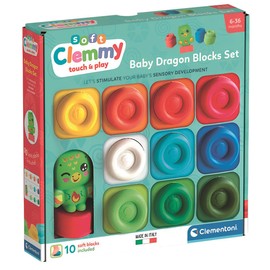 Clementoni Soft Clemmy - Baby Dragon Blocks Set, 10 Mattoncini Morbidi per Bambini 6+ Mesi, Personaggio Fantasy, Lavabili e Atossici, Sviluppo Sensoriale e Manualità, Made in Italy, 17980