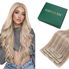 Easyouth Clip-In Real Hair Extensions, Colour Ash Blonde Mix Yellow Blonde, 5 Pieces, 55 cm, 70 g, #18P613