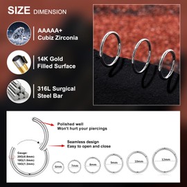 Longbeauty Nose Piercing Hoops 16G 18G 20G Nose Ring Nostril Septum Piercing Rings Set Septum Clicker Cartilage Piercing Ear for Men and Women 6 mm/7 mm/8 mm/9 mm/10 mm/12 mm