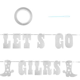 Bojueshaw Let's Go Girls Banner,Glitter Banner,Bachelorette Party Decorations,Cowboy Hat Hanging for Western Party Last Rodeo Hen Party（Silver）