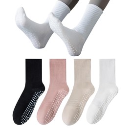 vvallis Pilates Socks, Yoga Socks with Grips for Women, 3 Pairs Non Slip Grip Socks for Barre, Dance, Barefoot Workout (Cotton Blend, D02-Black/Pink/Beige/White)