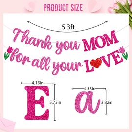 Firefairy Mother's Day Banner, Pre-strung Thank You Mom for All Your Love, Mothers Day Decorations, Happy Mothers Day Decor for Classroom or Home, Pink Glitter