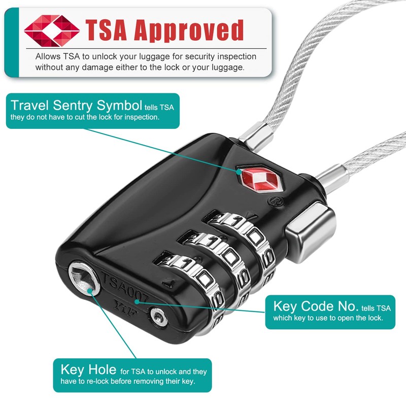 ZHEGE Suitcase Locks TSA Approved, Cable Travel Lock, 3 Digit