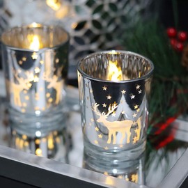 Silver Votive Tealight Candle Holders 12PCS Christmas Candle Holders with Carved Reindeer for Xmas Table Centerpiece Decoration
