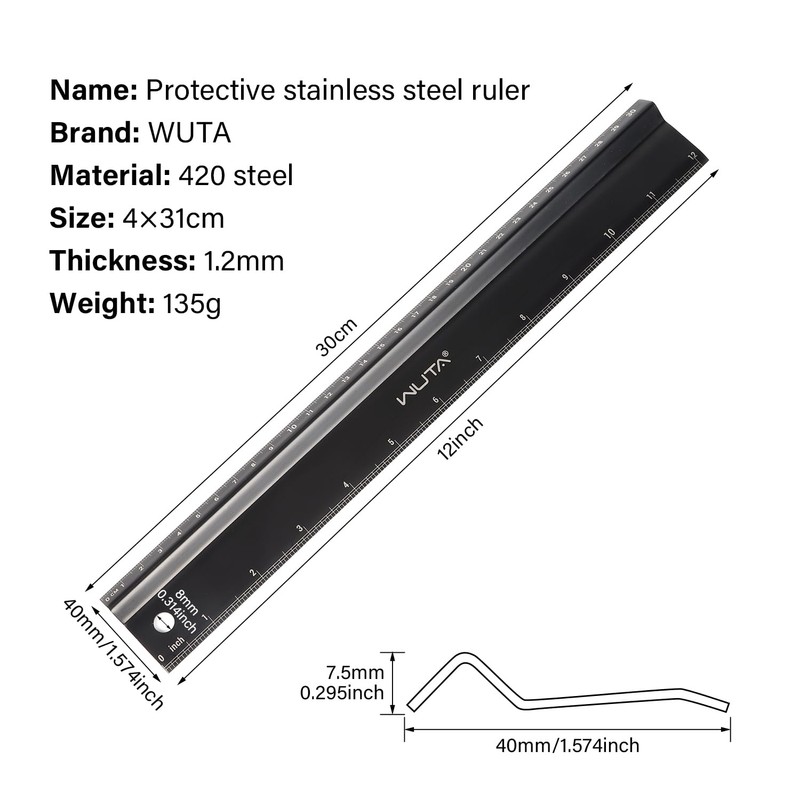 WUTA Aluminum Ruler, 11.8 inches (30 cm), Aluminum Scale Ruler,