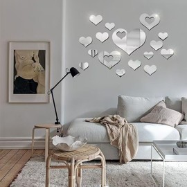 Premium Acrylic Mirror Wall Stickers - 14pcs Elegant Heart Set for DIY Home Decor (Silver)