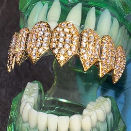 14K Gold Plated Shark Grillz Eight Top Iced Flooded Out CZ Teeth 8 Tooth Bling Grill