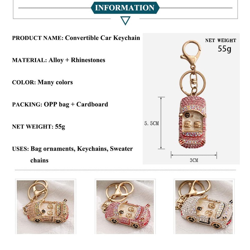 Sparkling Convertible Vehicle Rhinestone Keychain, Car Keyring Pendant, White, 5,5