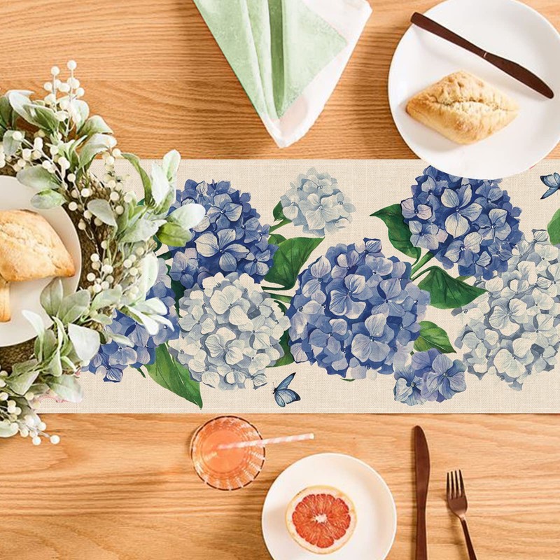 Seliem Spring Hydrangea Floral Flowers Table Runner, Blue Butterfly Kitchen