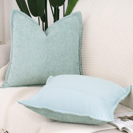 Madizz Set of 2 Chenille Velvet Cushion Covers with Flange Soft Boho Textured Throw Pillow Covers Broadside Pillowcases Modern Farmhouse Home Decor for Sofa Bedroom Aqua Green 18x18 inch, 45x45 cm