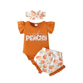 Youweixiong Newborn Infant Baby Girl Summer Clothes Ruffle Short Sleeve Just Peachy Romper+Peach Bloomer Shorts+Headband Cute Outfit 3Pcs (Orange, 6-9 Months)
