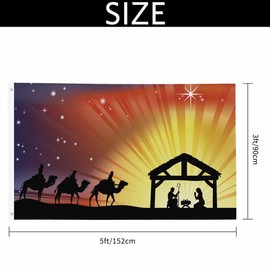 Yekiua Christmas Nativity Scene Flag 3X5 Ft Traditional Three Wise Men Sunset Winter UV Protected Banner Outdoor Indoor Flag With Brass Grommets, Vivid Color