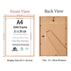 Weikani A4 Picture Frame with mat,2 Pack-21x30 cm OAK Wood Photo Frame,Certificate Frame with Plexi-glass for Wall Mount or Table Top Display