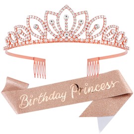 CURASA Rose Gold Princess Crown & "Birthday Princess" Sash Kit Pretty Birthday Crown and Glitter Sash for Women Cute Tiaras for Little Girls Best Gifts for Girls Hair Accessories for Women