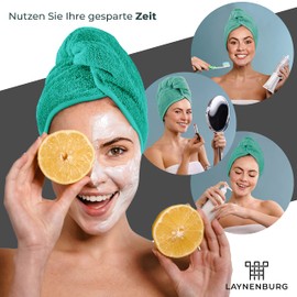 Laynenburg Premium hair turban with button made of 100% cotton - hair towel incl. 4 Hair Bobbles - for Short and Long Hair - Turban Towel is Quick Drying and Absorbent (Turquoise)