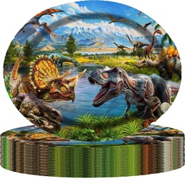 50 Pack Oval Dinosaur Themed Paper Plates , with Tyrannosaurus Rex and Triceratops , 13inch×10.6inch Dinosaur Disposable Dinnerware for Adult or Boy Birthday party,Jurassic Dinosaur Party Supplies.