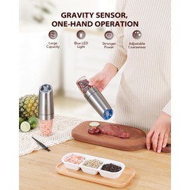Sangcon Gravity Electric Pepper and Salt Grinder Mill Set Automatic Shakers Grinder with LED Light, Battery Powered Adjustable Coarseness One Hand Operation, Upgraded Larger Capacity