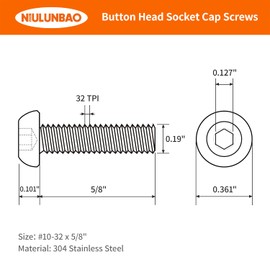 #10-32 x 5/8" Button Head Socket Cap Screws Bolts 304 Stainless Steel, Allen Hex Drive, Machine Bright Finish Fully Threaded 50PCS