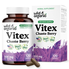 Wild & Organic Vitex Chasteberry Capsules 500 mg - Natural Vitex Chasteberry Supplement for Women - 120 Days of Supply - Chaste Tree Berry Agnus-Castus Herb - Vegan, No Fillers, Non-GMO - 120 Count