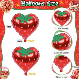 18 Inch Strawberry Foil Balloons for Party Decor, 4pcs Fruit Mylar Sweet Berry Heart Balloons for Girls Strawberry Shortcake Themed Baby Shower Cute Berry First Birthday Party Decorations Supplies
