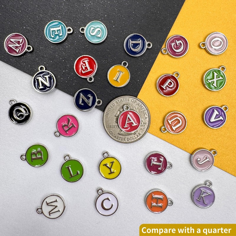 ZeaLian 52Pcs Enamel A-Z Alphabet Letter Initial Silver Round Charms