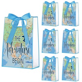 Aliceset 24 Pcs Plastic Clear World Map Gift Bags with Die Cut Handles Reusable Travel Candy Treat Goodies Tote Bags with Ribbon Bow for Earth Day Party Favor Supplies