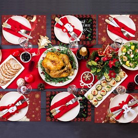 VitalCozy 6 Pcs Black Santa Christmas Placemats African American Red Merry Christmas Table Mats 12 x 18 Inches Xmas Kitchen Placemats Linen Christmas Decorations for Holiday Party Dining Supplies