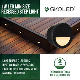 GKOLED 12 Pack Recessed Low Voltage LED Step Riser Light, Φ1 Mini Size Halfmoon Landscape Lighting for Outdoor Deck Stair Railing Post, 12V 3000K, Die-cast Aluminum, Black Powder Coated Finish