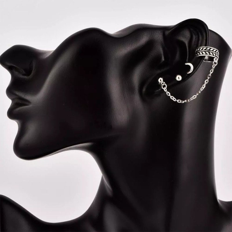 Patry Aretes Juego De 3 Piezas Luna Cadena Joyería Clip