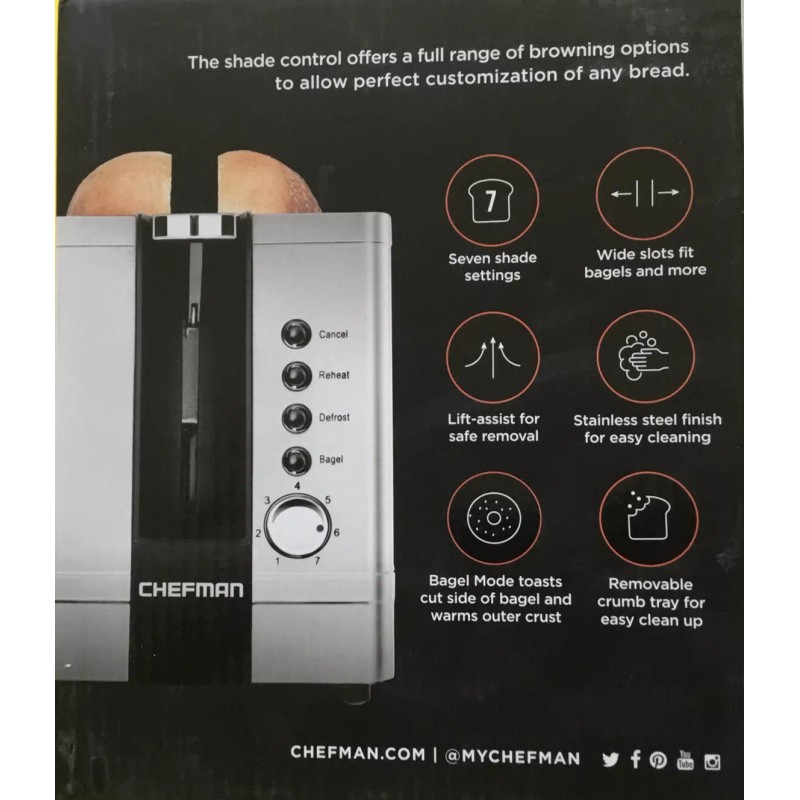 Chefman 2-Slice Pop-Up Toaster w/7Shade Settings Extra Wide Slots for