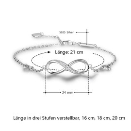 Bo & Pao infinity women's bracelet, engraved with the infinity symbol and heart, "Infinite Love" pendant, 925 sterling silver with cubic zirconia.