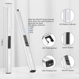 MEIRUBY Lighter Electric Lighter Candle Lighter Rechargeable USB Lighter Arc Lighters for Candle Camping Family Use Silver