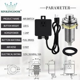 SINKINGDOM SinkTop Air Switch Kit with Brushed Nickel Long Button (Full Brass) for Garbage Disposal, Single Outlet