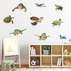DEIKOKA 9 PCS Large Hawksbill Sea Turtles Wall Decals Ocean Animal Wall Stickers Self Adhesive Undersea Turtle Wall Decor Stickers for Kids Bedroom Bathroom Nursery Classroom