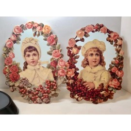 2 Victorian Die Cut Young Girls Greeting Cards 7 1/2" Tall - Old Print Factory