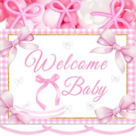 JeVenis Bow Welcome Baby Decorations Pink Bow Baby Shower Decor Welcome Baby Girl Decor Bow Banner Pink and White BallonGirls Gender Reveal Party Photo Prop