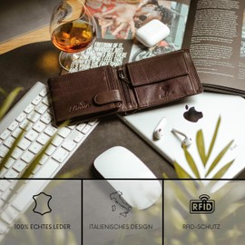 Baur Men's Genuine Leather Wallet with RFID Protection, Landscape Format, Wallet with Coin Compartment, Wallet with Many Card Slots, dark brown, Large landscape format with press stud inside