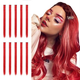 Sofeiyan Colored Hair Extensions Straight Hairpiece 22 Inch 10 Pcs Colorful Clip in Hair Extensions Synthetic Colored Party Highlights for Women Kids Girls, Red