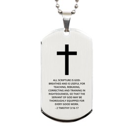 DARIN GIFT Bible Verse Silver Dog Tag, 2 Timothy 3:16-17 Motivational Inspirational Quotes Gifts Cross Faith Engraved Stainless Steel Chain Necklace For Men Women