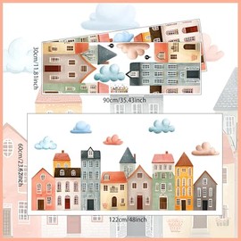 Colorful Town Wall Decal,Cute Watercolor House Art Decor,Peel and Stick Town White Cloud Wall Sticker for Kids Boys Nursery Bedroom Playroom Daycare Classroom Baby Room Decor Gifts