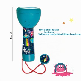 moses. Space, torcia elettrica compatta e robusta per bambini, design spaziale, con 4 LED, torcia ricaricabile con ciondolo decorativo, regalo per bambini dai 4 anni in su