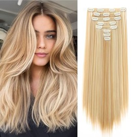 Dcbaboo Clip-In Hair Extensions, Straight, 8 Pieces, 65 cm, Clip-In Hair Extensions Like Real Hair, Synthetic Long Hair Extensions with Clips for Women, Dark Blonde & Blonde