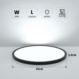 OTREN LED Ceiling Light Flat: Round 6500 K Bathroom for Kitchen Living Room Hallway 30 cm 36 W Black